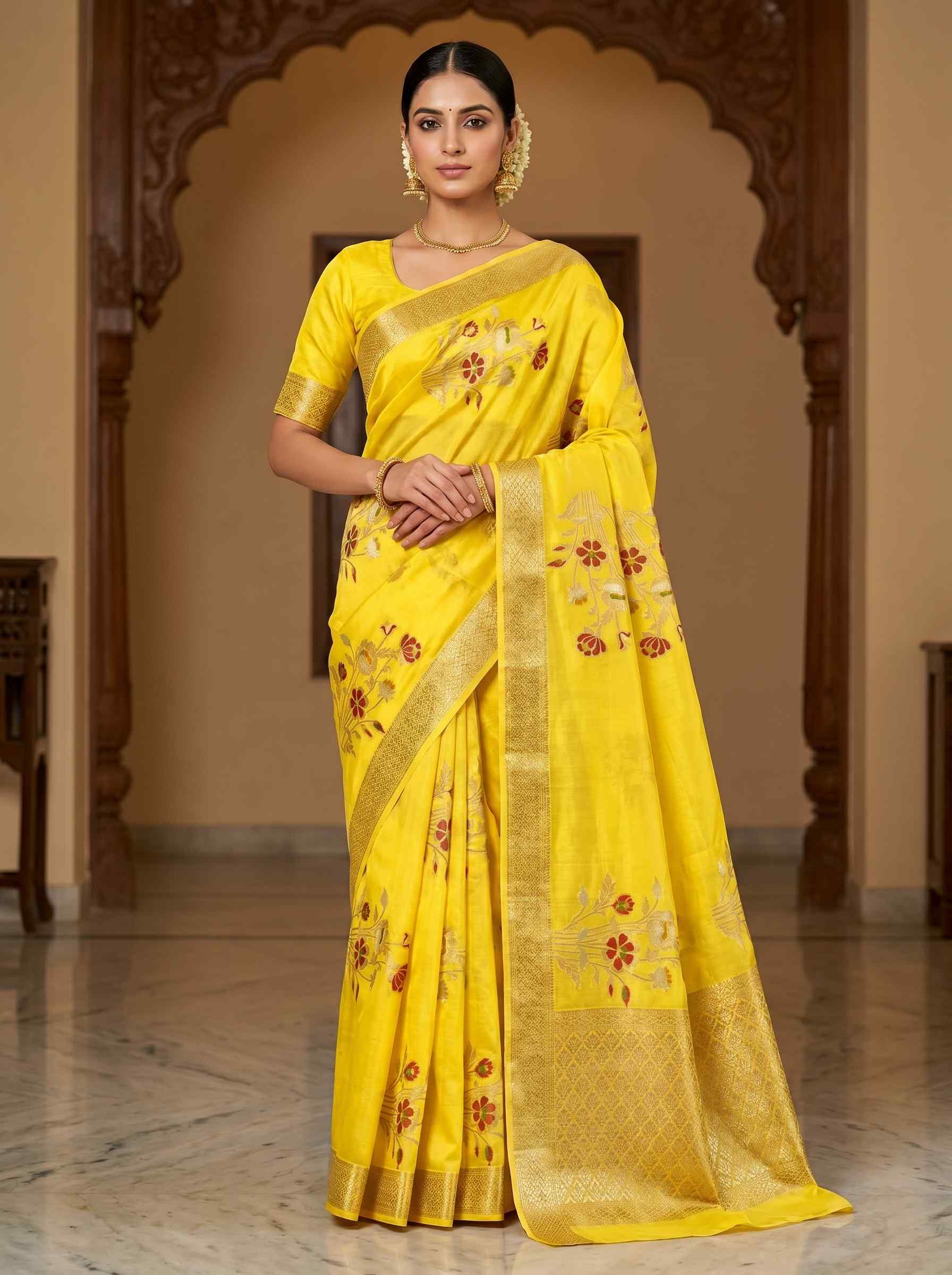 Yellow Viscose Silk Pure Banarasi Saree