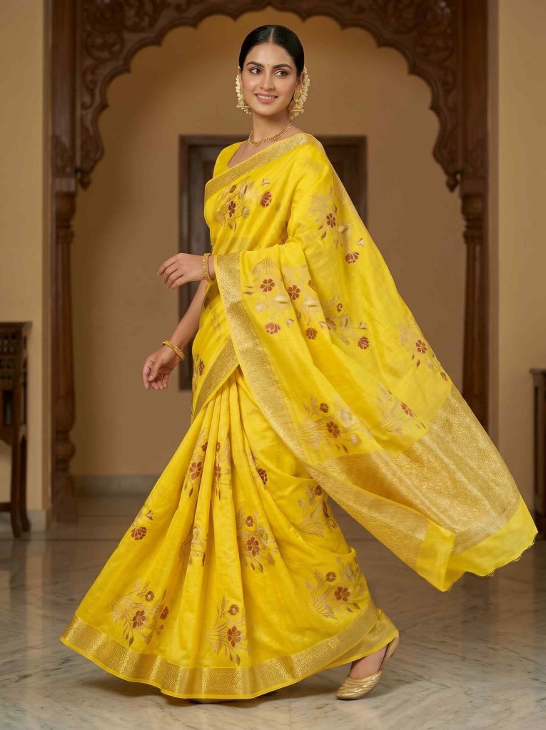 Yellow Viscose Silk Pure Banarasi Saree