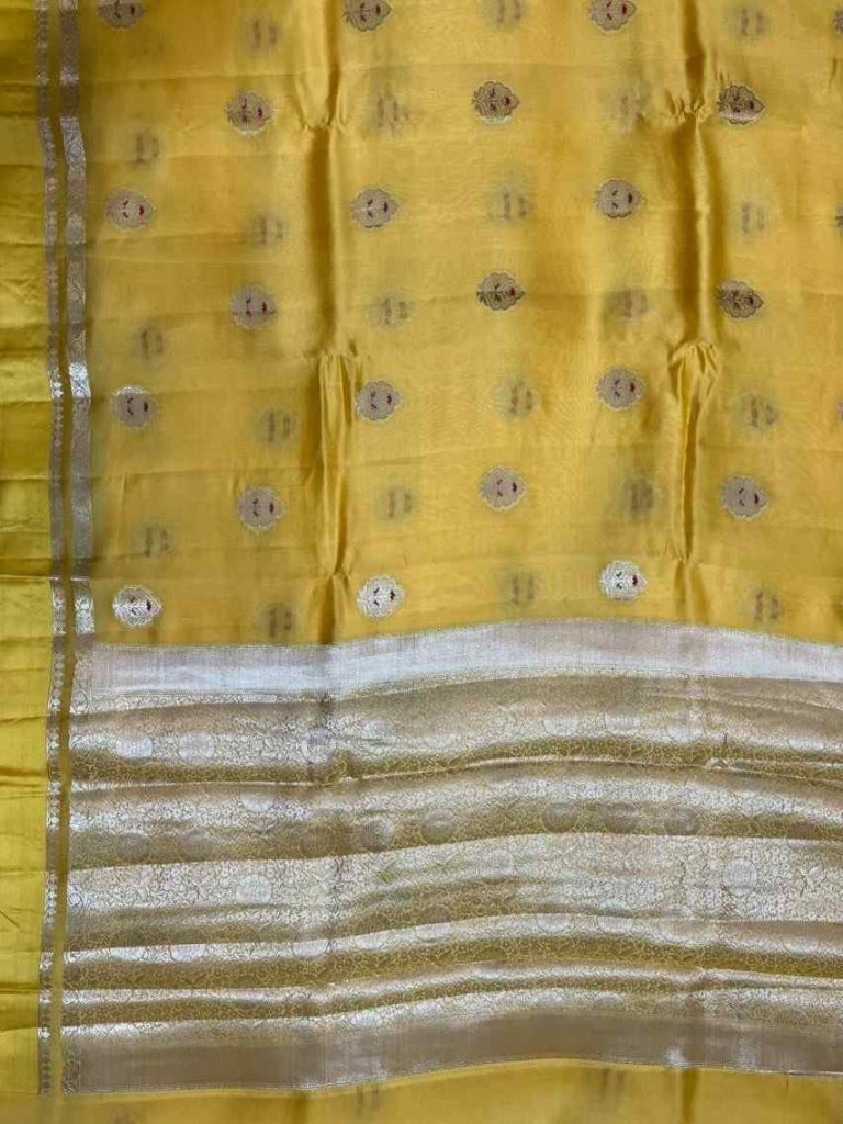 Yellow Viscose Silk Pure Banarasi Saree With Red Minakari & Floral Boota Work