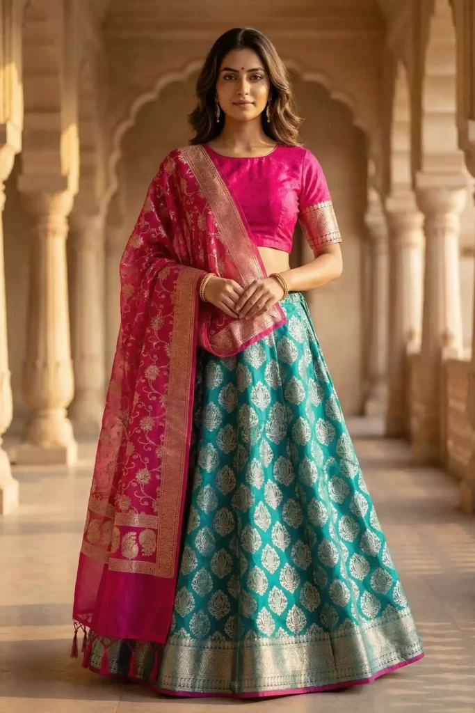 Rani Pink Semi Silk Unstiched Banarasi Lehenga