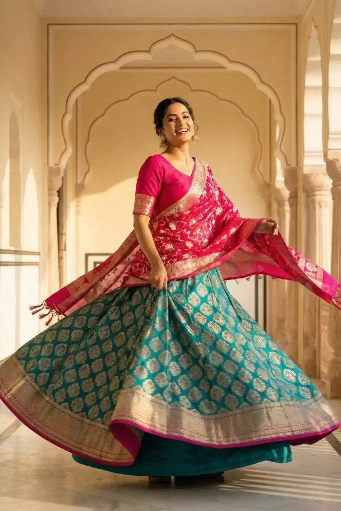 Rani Pink Semi Silk Unstiched Banarasi Lehenga
