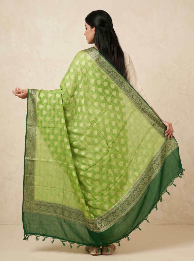 Premium chiffon silk pure Banarasi dupatta in green and bottle green with floral zari booti work