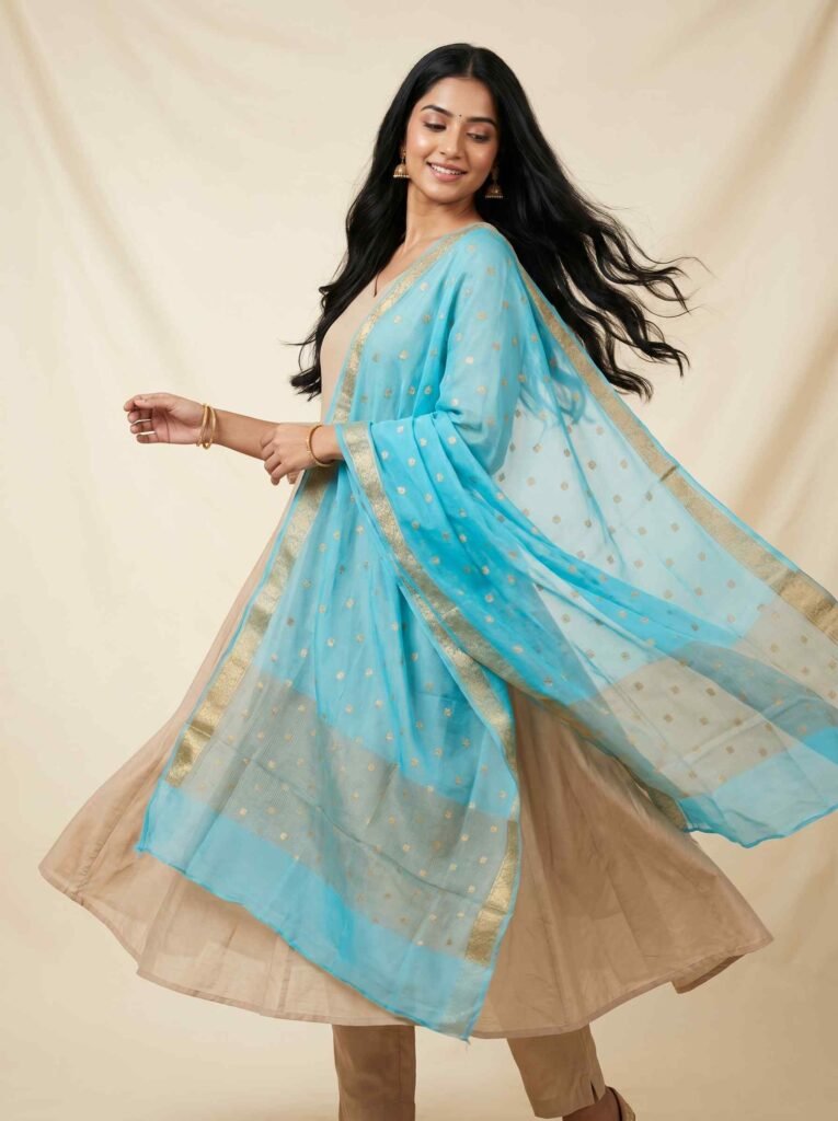 Premium chiffon silk pure Banarasi dupatta in sky blue colour with beautiful zari booti work