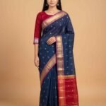 Blue and red cotton silk Banarasi saree with zari booti work