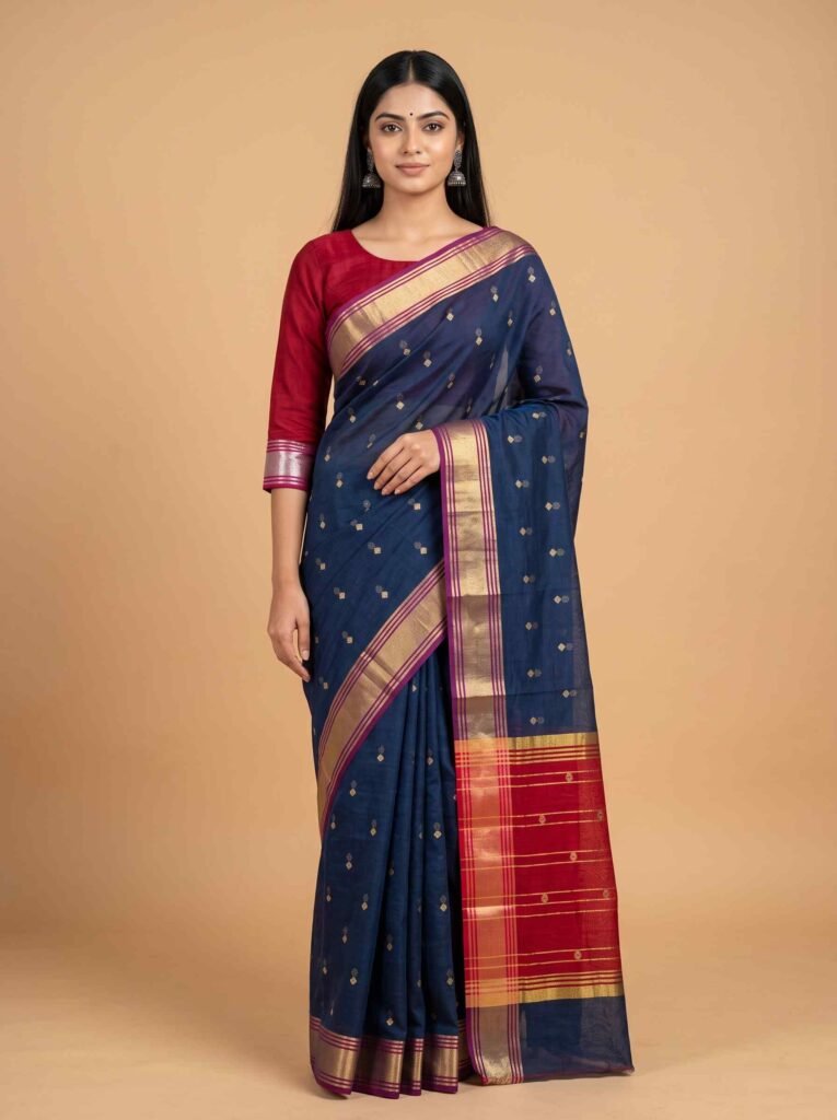 Blue and red cotton silk Banarasi saree with zari booti work