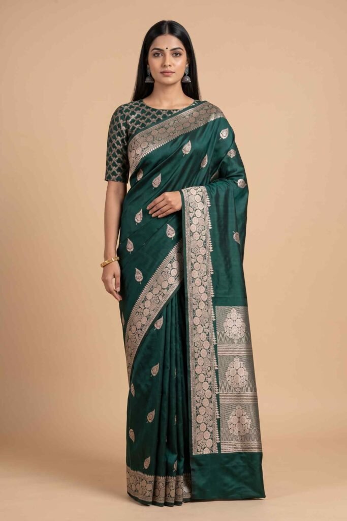 Bottle Green Semi Kataan Silk Banarasi Saree