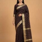 Premium coffee brown cotton silk Banarasi saree with beautiful zari booti work