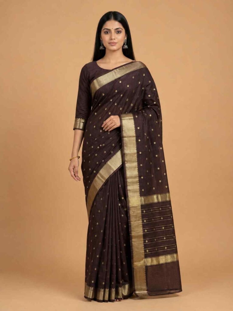Premium coffee brown cotton silk Banarasi saree with beautiful zari booti work