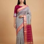 Premium grey and red contrast cotton silk Banarasi saree with beautiful zari booti work