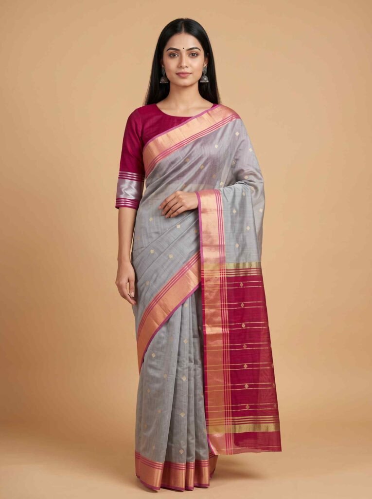 Premium grey and red contrast cotton silk Banarasi saree with beautiful zari booti work