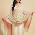 Premium Khaddi Georgette Silk Pure Banarasi Dupatta in light yellow with multicolour floral motif work and woven border