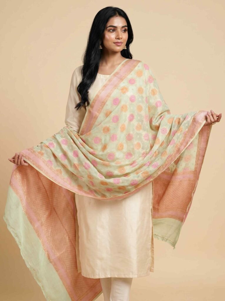 Premium Khaddi Georgette Silk Pure Banarasi Dupatta in light yellow with multicolour floral motif work and woven border