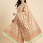 Premium Khaddi Georgette Silk Pure Banarasi Dupatta in light yellow with multicolour floral motif work and woven border