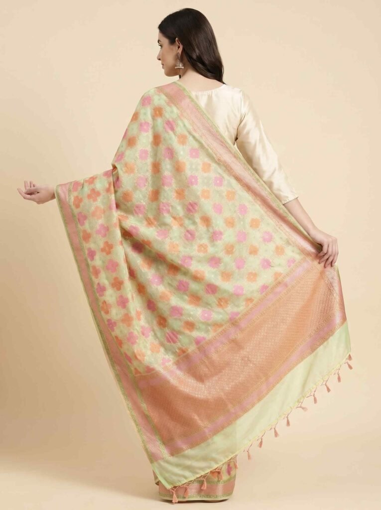 Premium Khaddi Georgette Silk Pure Banarasi Dupatta in light yellow with multicolour floral motif work and woven border