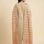Premium Khaddi Georgette Silk Pure Banarasi Dupatta in light yellow with multicolour floral motif work and woven border