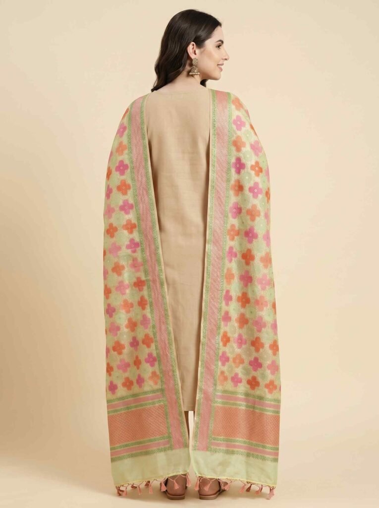Premium Khaddi Georgette Silk Pure Banarasi Dupatta in light yellow with multicolour floral motif work and woven border