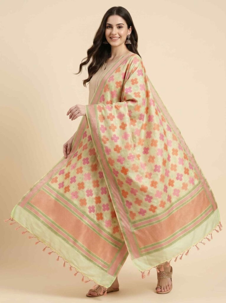 Premium Khaddi Georgette Silk Pure Banarasi Dupatta in light yellow with multicolour floral motif work and woven border