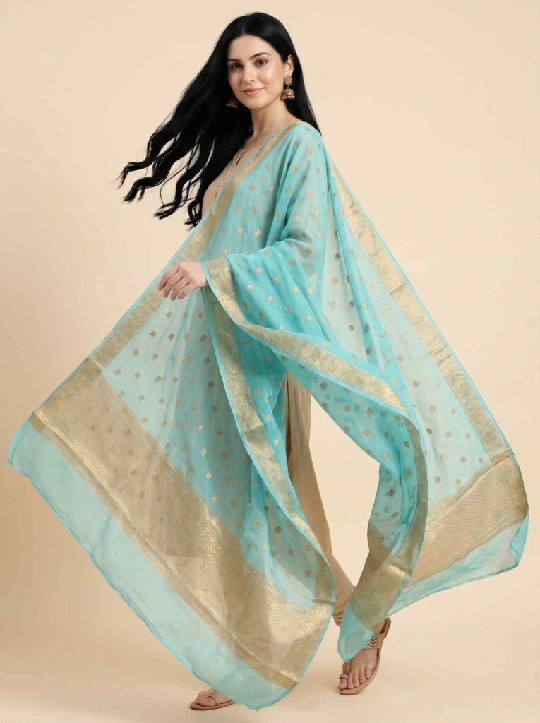 Light Blue Chiffon Silk Pure Banarasi Dupatta