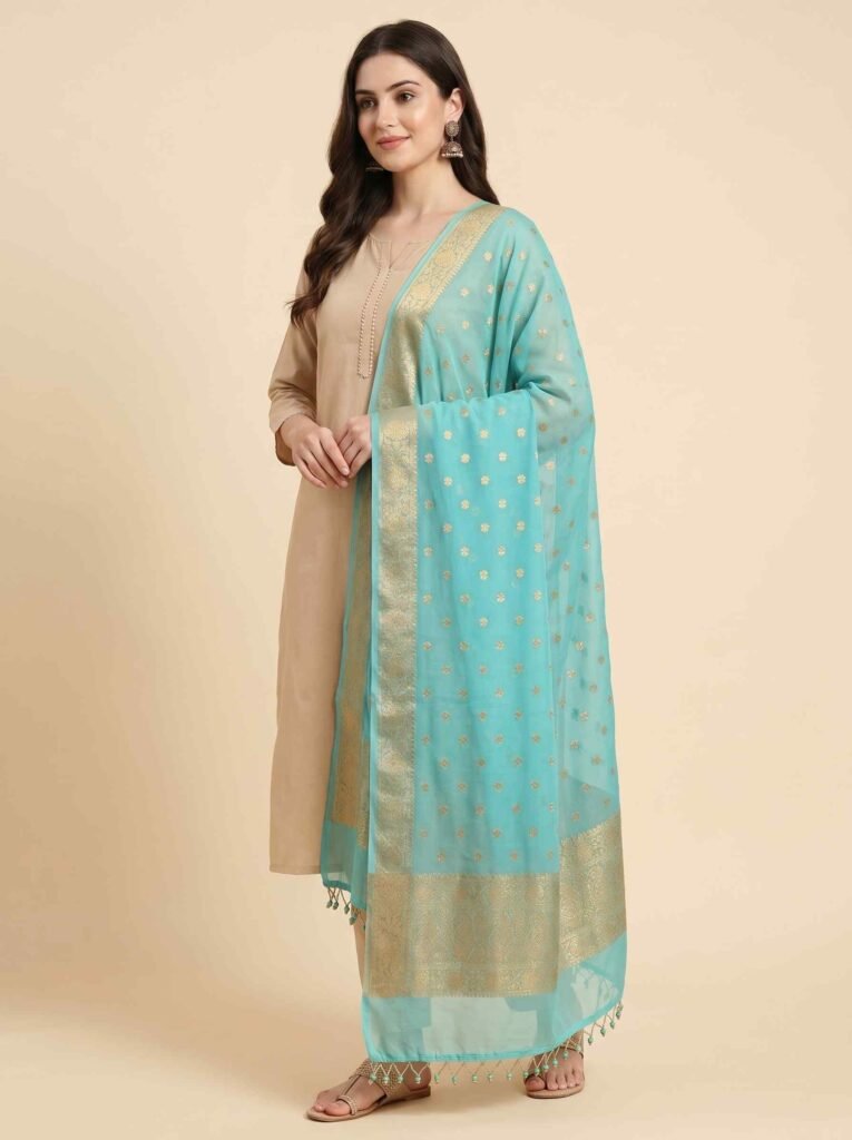 Premium chiffon silk pure Banarasi dupatta in sky blue colour with beautiful zari booti