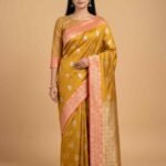 Mustard semi silk Banarasi saree with floral zari booti