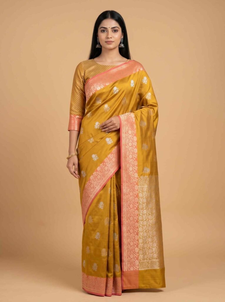 Mustard semi silk Banarasi saree with floral zari booti