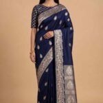 Navy Blue Semi Kataan Silk Banarasi Saree