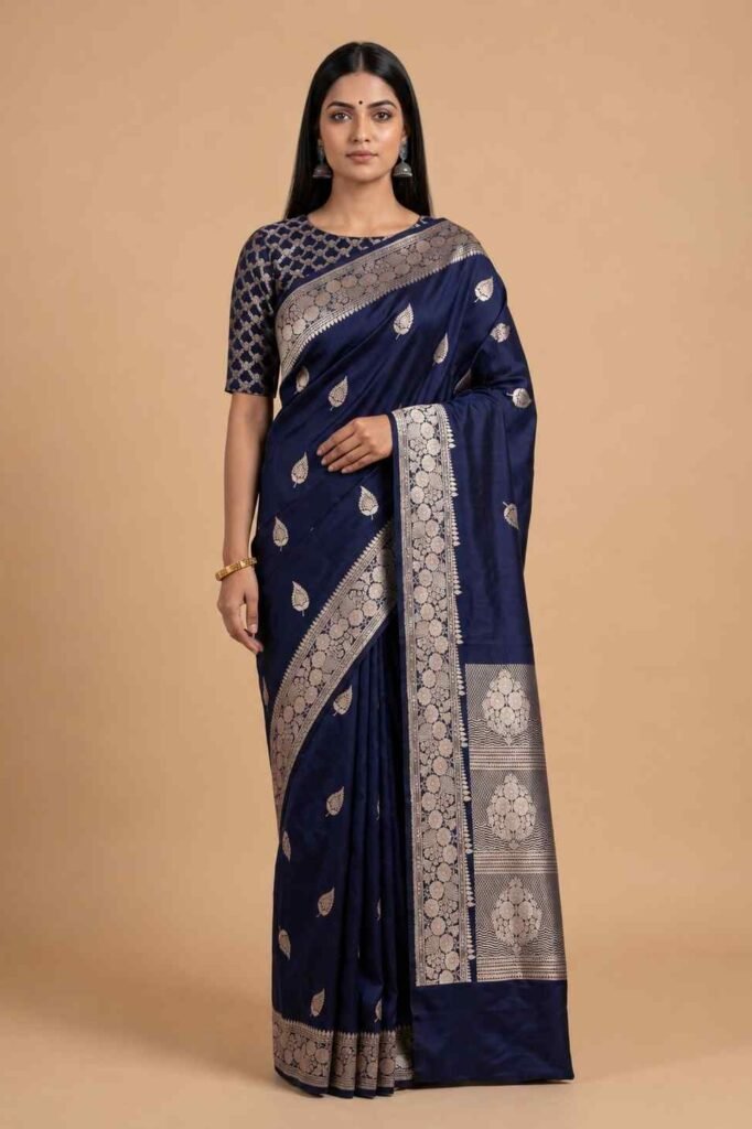 Navy Blue Semi Kataan Silk Banarasi Saree