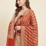 Premium Khaddi Georgette Silk Pure Banarasi Dupatta in orange with diagonal floral zari work and detailed zari border