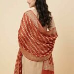 Premium Khaddi Georgette Silk Pure Banarasi Dupatta in orange with diagonal floral zari work and detailed zari border