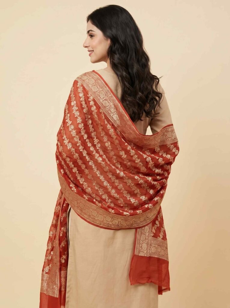 Premium Khaddi Georgette Silk Pure Banarasi Dupatta in orange with diagonal floral zari work and detailed zari border