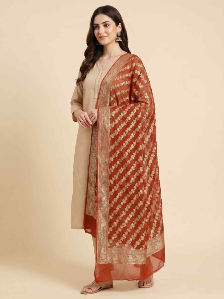Orange Khaddi Georgette Pure Banarasi Dupatta