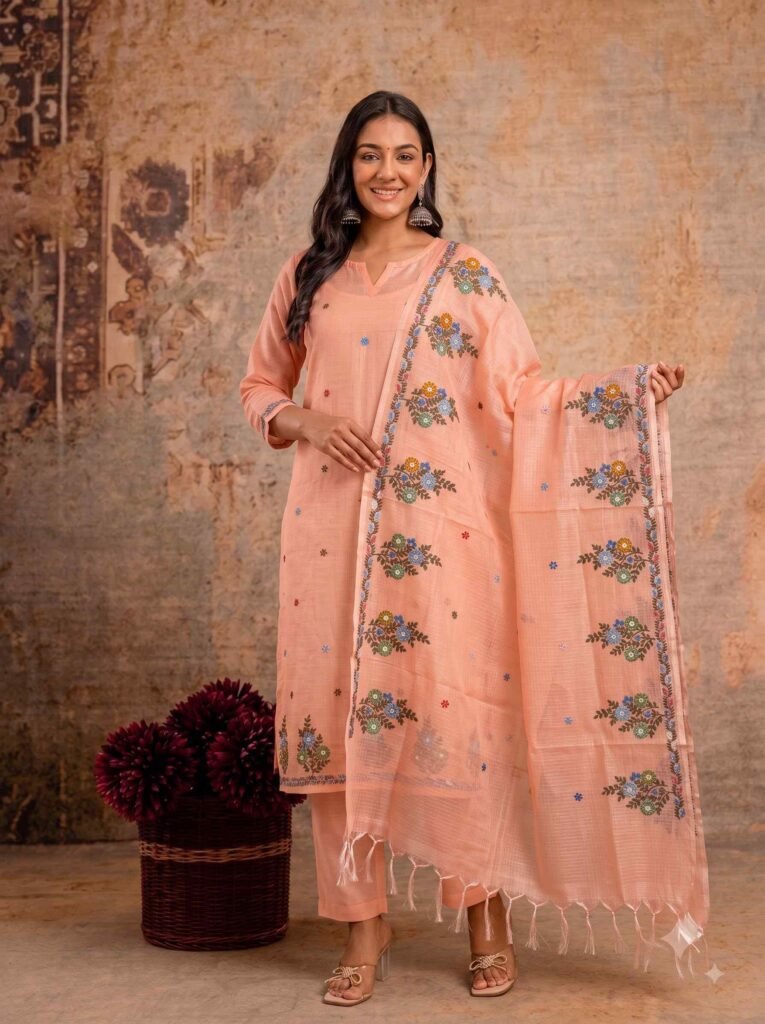 Peach Kota Doria Dress Material