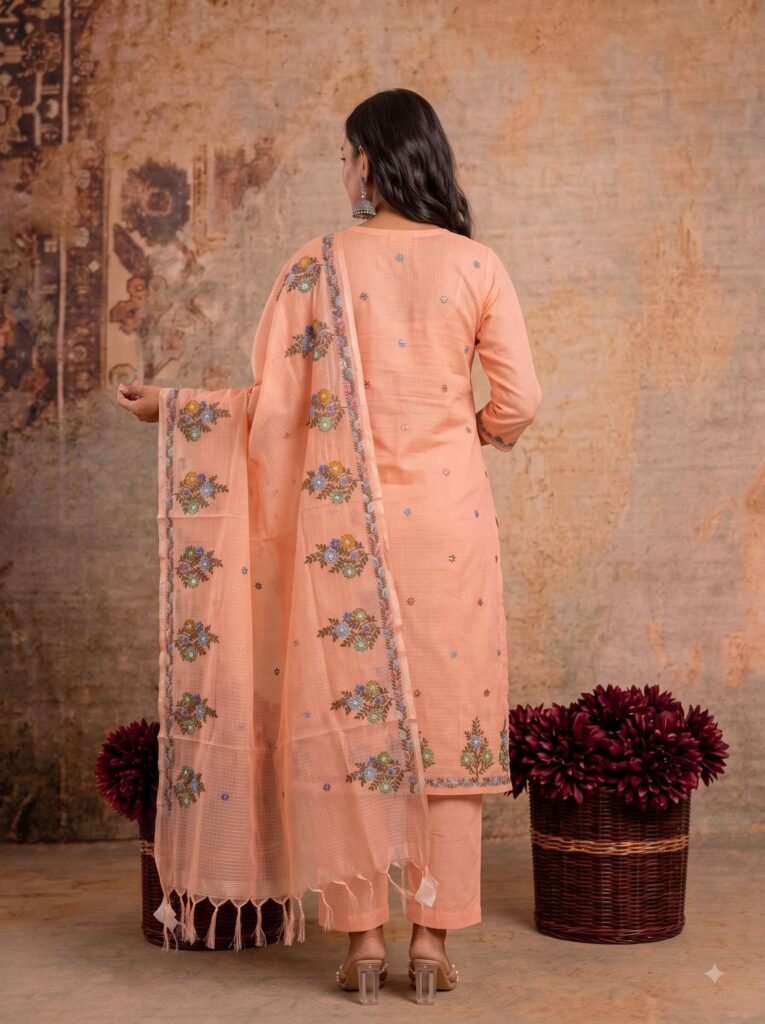 Peach Kota Doria Dress Material