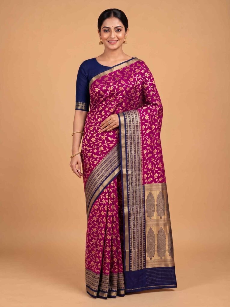 Rani pink cotton silk banarasi saree