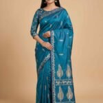 Teal blue semi silk Banarasi saree with floral zari work