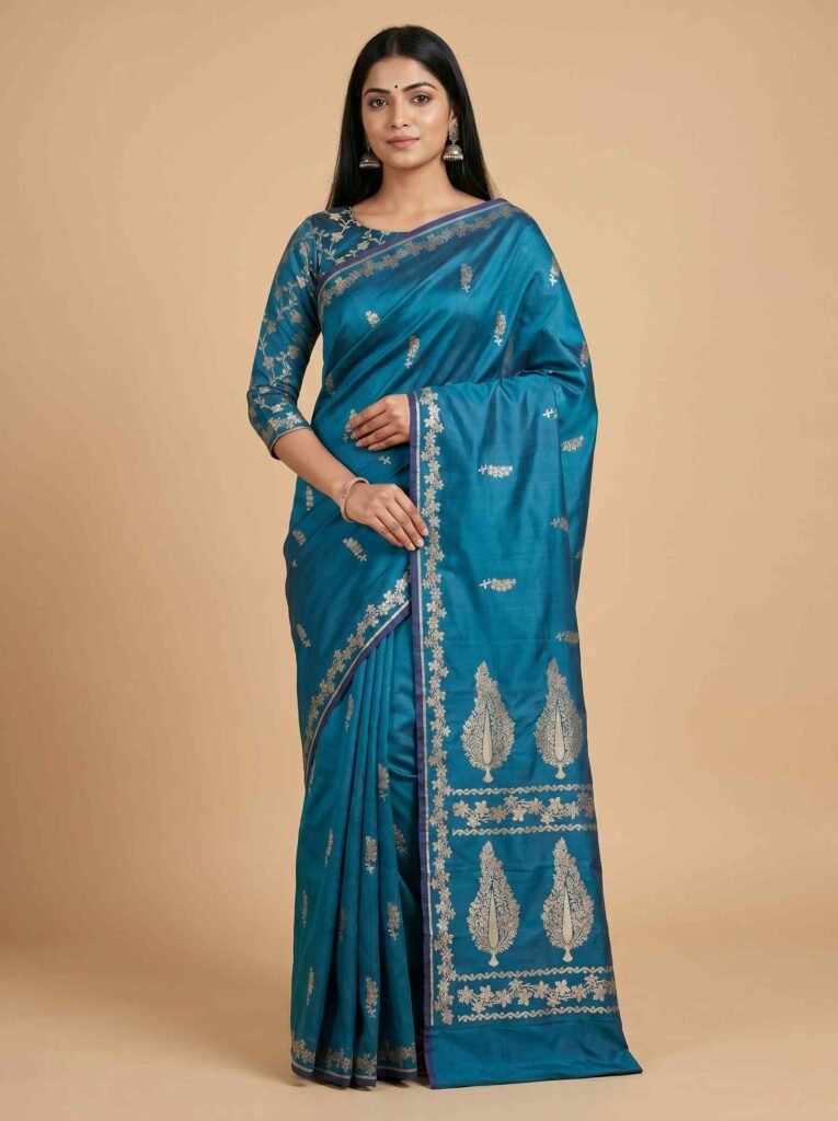 Teal blue semi silk Banarasi saree with floral zari work