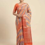 Premium cotton silk pure Banarasi digital print saree with multicolour diagonal stripes and orange zari border and pallu