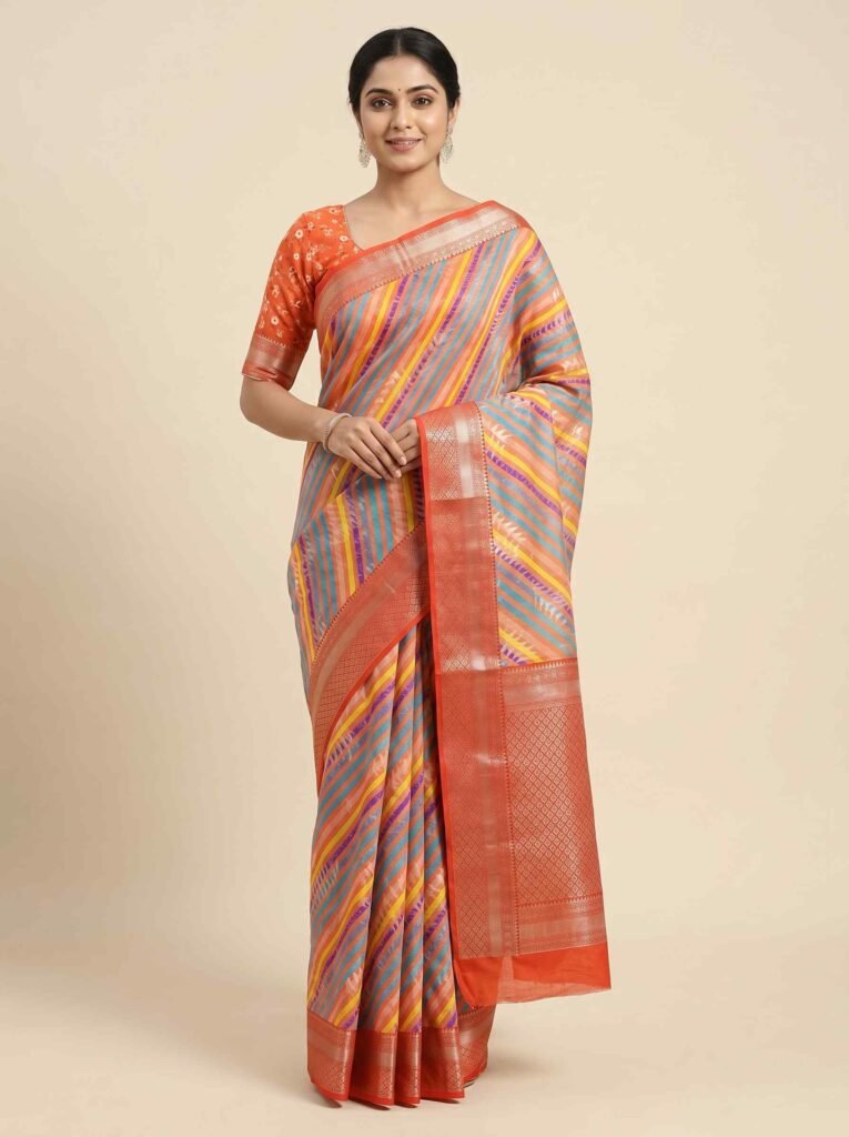 Premium cotton silk pure Banarasi digital print saree with multicolour diagonal stripes and orange zari border and pallu