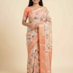 Premium cotton silk pure Banarasi digital print saree in peach with multicolour floral print and contrasting orange zari border and pallu