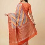 Premium cotton silk pure Banarasi digital print saree with multicolour diagonal stripes and orange zari border and pallu