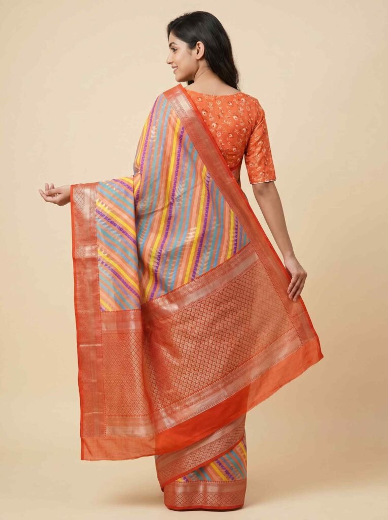 Premium cotton silk pure Banarasi digital print saree with multicolour diagonal stripes and orange zari border and pallu