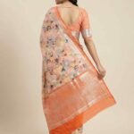 Premium cotton silk pure Banarasi digital print saree in peach with multicolour floral print and contrasting orange zari border and pallu