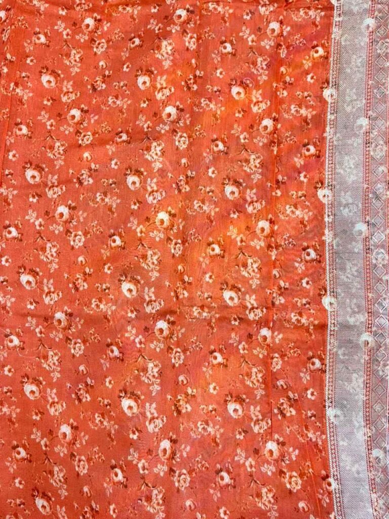 Orange Digital Print Cotton Silk Pure Banarasi Saree