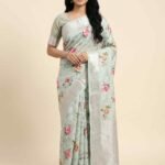 Premium pista green cotton silk pure Banarasi digital print saree with floral motifs and elegant silver zari border and pallu