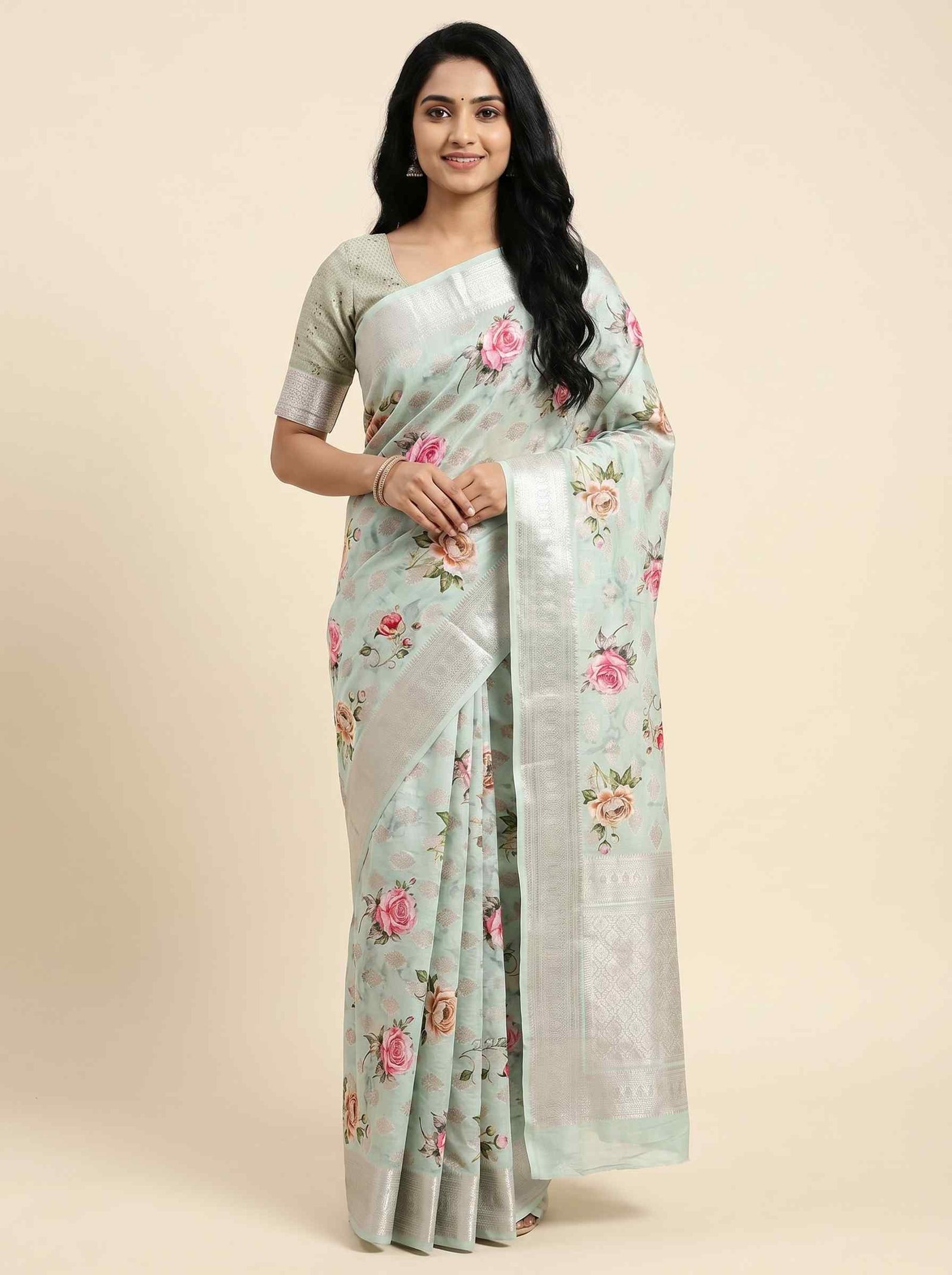 Light Pista Green Digital Print Cotton Silk Pure Banarasi Saree