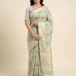 Premium pista green cotton silk pure Banarasi digital print saree with floral print and intricate zari border and pallu