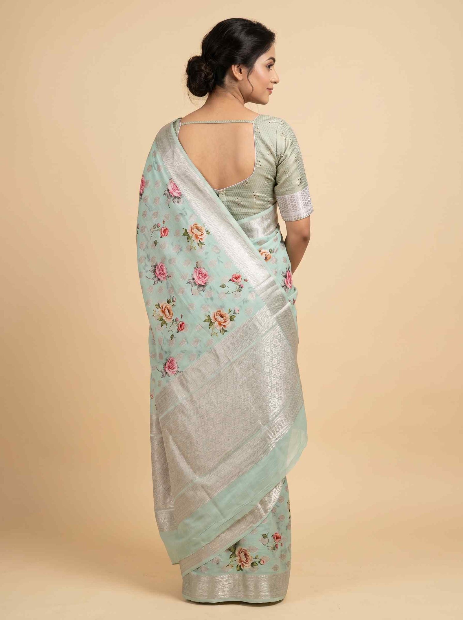 Light Pista Green Digital Print Cotton Silk Pure Banarasi Saree