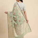 Premium pista green cotton silk pure Banarasi digital print saree with floral print and intricate zari border and pallu