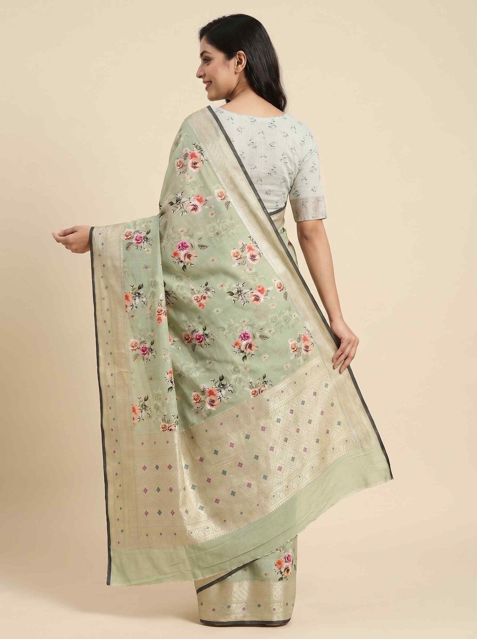 Pista Green Digital Print Cotton Silk Saree