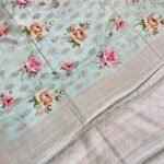 Light Pista Green Digital Print Cotton Silk Pure Banarasi Saree